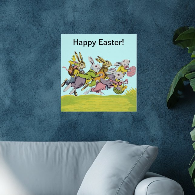 Póster Coelhos de Pastel em felz pascoa (Group Easter Bunnies running in grass with colourful clothing, eggs, baskets blue sky on Wall poster)