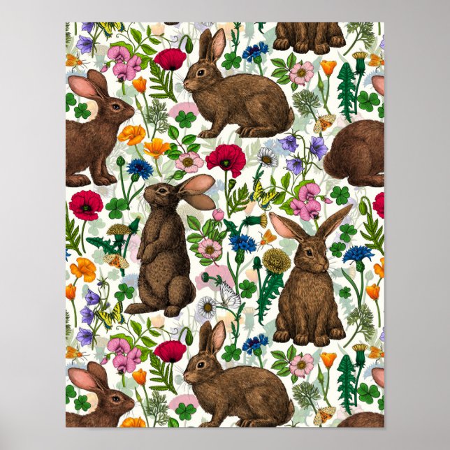 Poster Coelhos e flores silvestres (Frente)