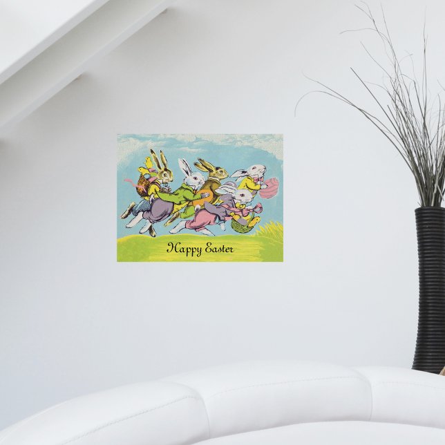 Póster Coelhos Felizes de Páscoa Correndo com Pastéis (Bunch of Easter rabbits pastel coloured clothing eggs baskets running in grass blue sky on poster.)