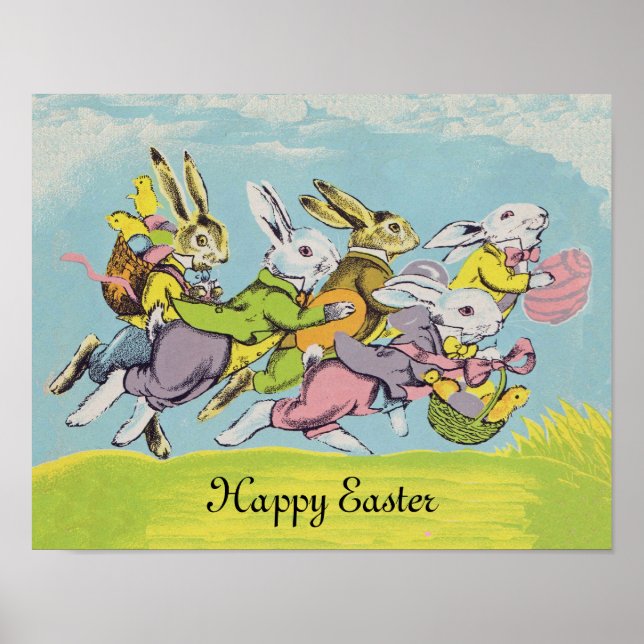 Póster Coelhos Felizes de Páscoa Correndo em Pastel (Frente)