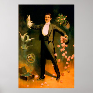 Poster Coelhos mágicos Vintage Rosas Doves Truques mági