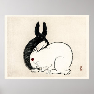 Poster Coelhos pretos e brancos vintage por Kōno Bairei