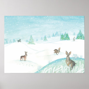Poster Coelhos Sentados E Pulando Na Neve