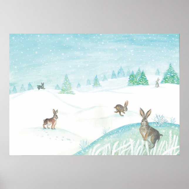 Poster Coelhos Sentados E Pulando Na Neve (Frente)