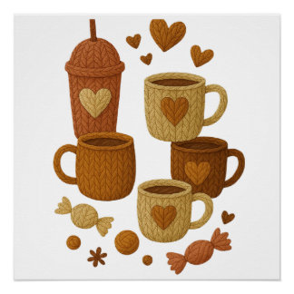 Póster Coffee Valentine Day Love Knitted Hearts Hugs
