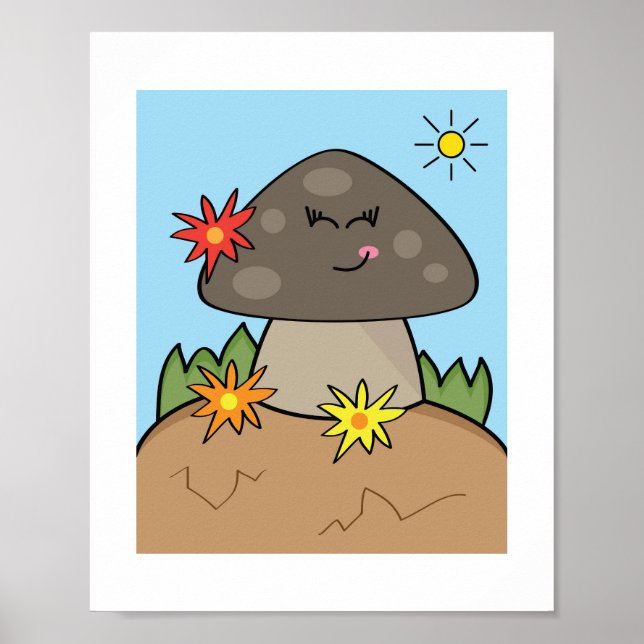 Poster Cogumelo Sorridente Fofo | Arte Ensolarada da Flor (Frente)