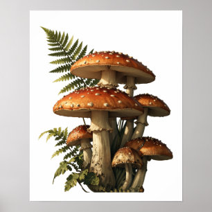 Poster Cogumelos Amanita Vermelhos com Samambaia Botânica