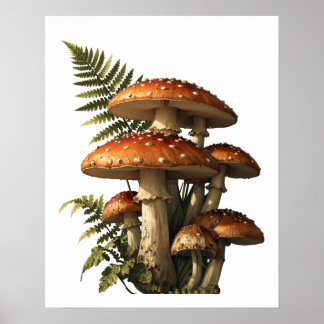 Poster Cogumelos Amanita Vermelhos com Samambaia Botânica