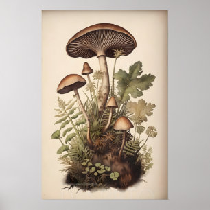 Poster Cogumelos Botânicos Em Samambaia De Musgo, Boho Fl