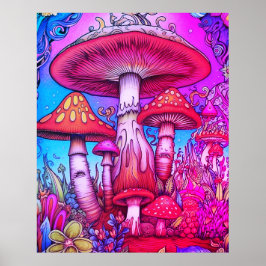 Poster Cogumelos Caprichosos Vermelhos + Azuis + Rosas nu