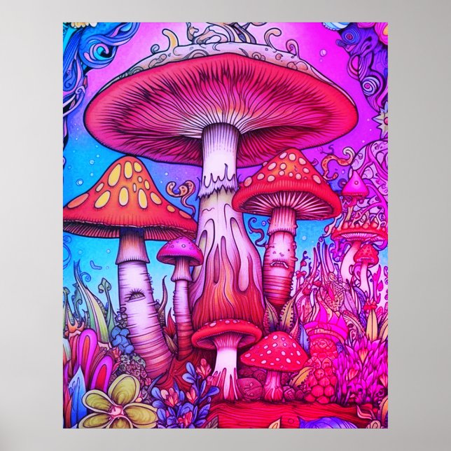 Poster Cogumelos Caprichosos Vermelhos + Azuis + Rosas nu (Frente)
