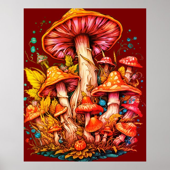Poster Cogumelos com Vibe dos Anos 70 em Fundo Marrom na  (Frente)
