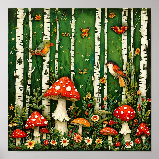 Poster Cogumelos de Contos de Fadas e Pássaros Floresta E (Frente)