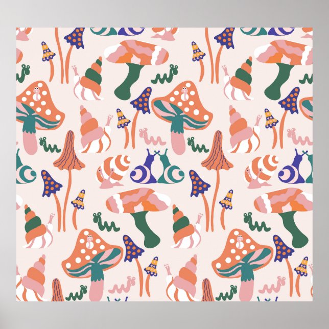 Poster Cogumelos de outono, design sem costura colorida. (Frente)