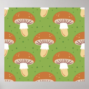 Poster Cogumelos de outono: padrão verde sem costura.