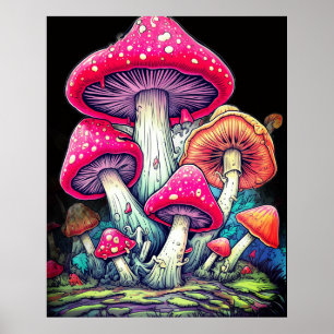 Poster Cogumelos Felizes em um Fundo Preto na Parede