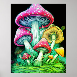 Poster Cogumelos Felizes em um Fundo Preto na Parede Po
