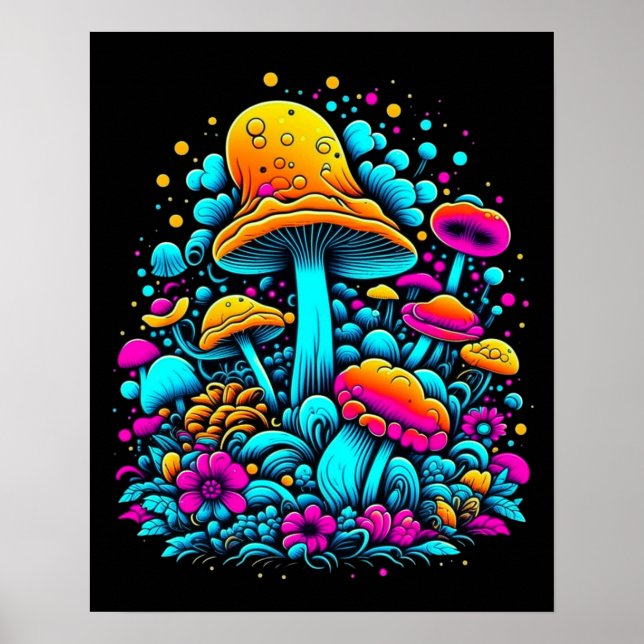 Poster Cogumelos Neon e Flores (Frente)