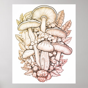 Poster Cogumelos Psicodélicos Fundo Preto na Parede
