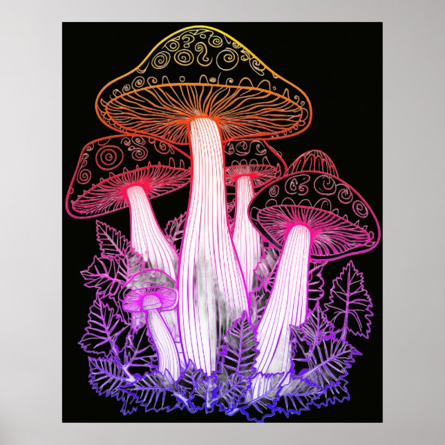 Poster Cogumelos Psikedélicos Fundo Preto na Parede (Frente)