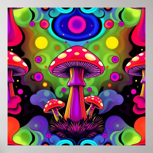 Poster Cogumelos Retro Coloridos Vibrantes Psicodélicos (Frente)
