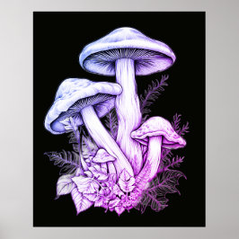 Poster Cogumelos Roxos Esbranquiçados Parede Fundo Preto