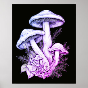 Poster Cogumelos Roxos Esbranquiçados Parede Fundo Preto