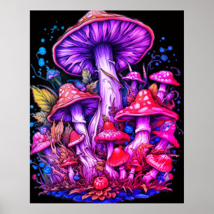 Poster Cogumelos Roxos + Vermelhos Fundo Preto na Parede