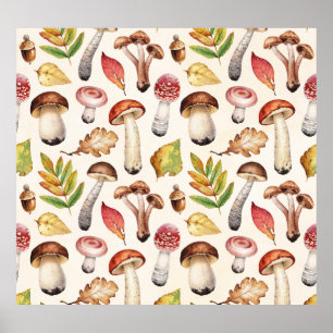 Poster Cogumelos Saem: Padrão de Ilustração de Aquarela