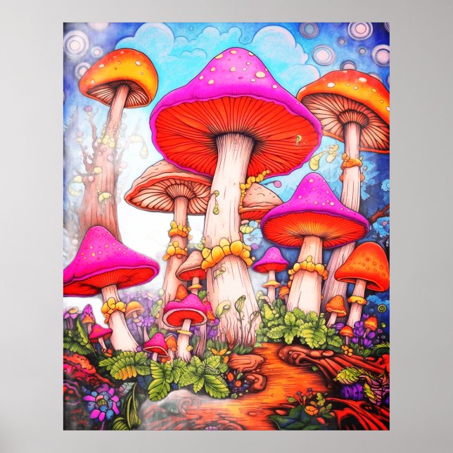 Poster Cogumelos sob um Céu Matinal ao Fundo numa Parede (Frente)