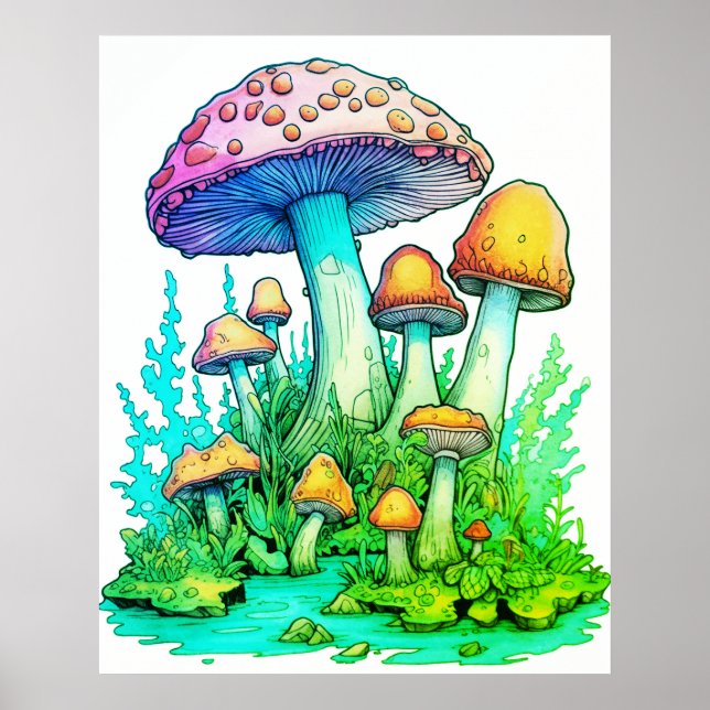 Poster Cogumelos Verdes com Fundo Branco numa Parede (Frente)