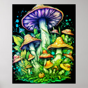 Poster Cogumelos Verdes em Fundo Preto na Parede