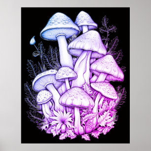 Poster Cogumelos Verdes em Fundo Preto na Parede