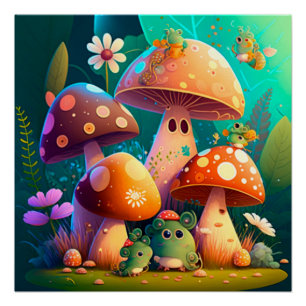 Póster Cogumelos verdes florais no campo