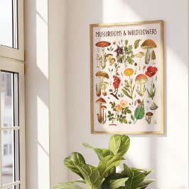 Poster Cogumelos Vintage e Flores Selvagens