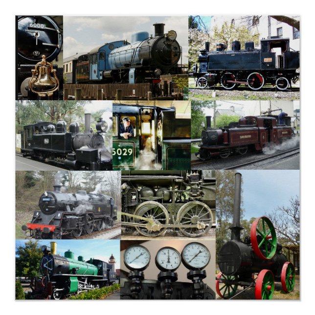 Póster Colagem Antiquada do Comboio Locomotivo do Motor a (Frente)