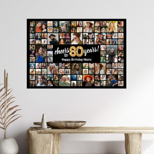 Poster Colagem de 100 Fotos Aniversário de 80 Anos Preto