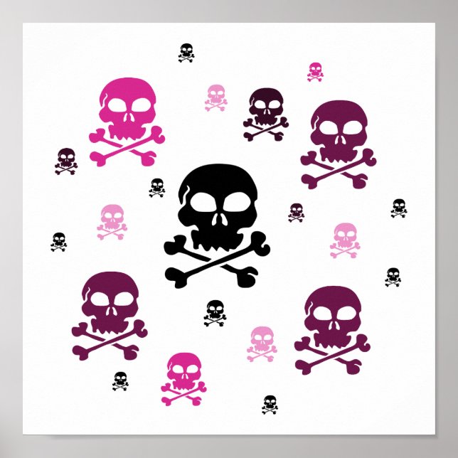 Poster Colagem de Crânios de Cartoon - Rosa (Frente)