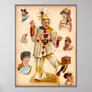 Poster Colagem de Ephemera de Mulheres Antigas e Palhaços