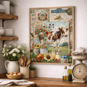 Póster Colagem de Fazenda Rústica Vintage Vaca