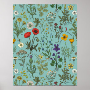 Poster Colagem de flores silvestres em azul