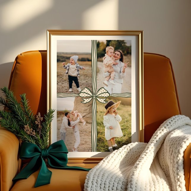 Poster Colagem de Fotografias da Família Atual de Arcos e (Elegant Green Bow & Ribbon Present Family Photo Collage Poster)