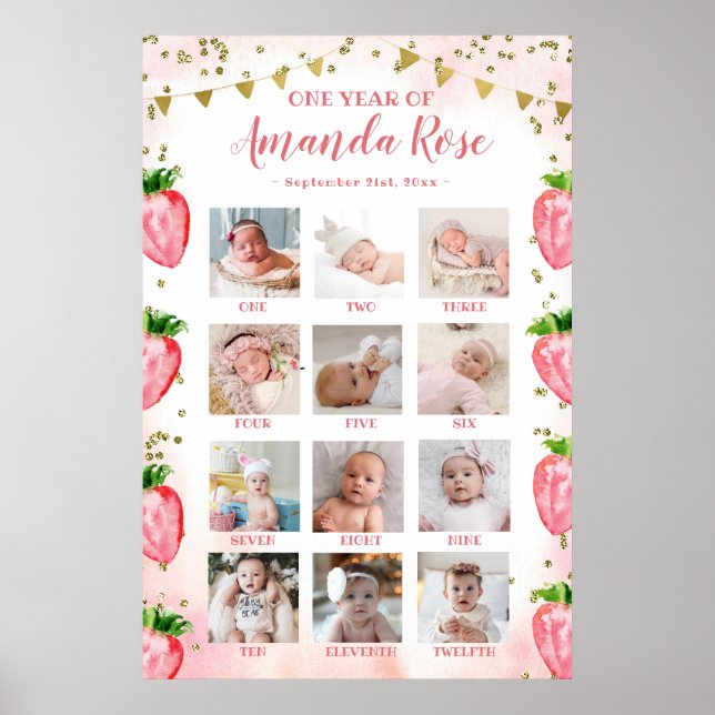 Poster Colagem de Fotografias de Dourado Morango Rosa Pri (Frente)