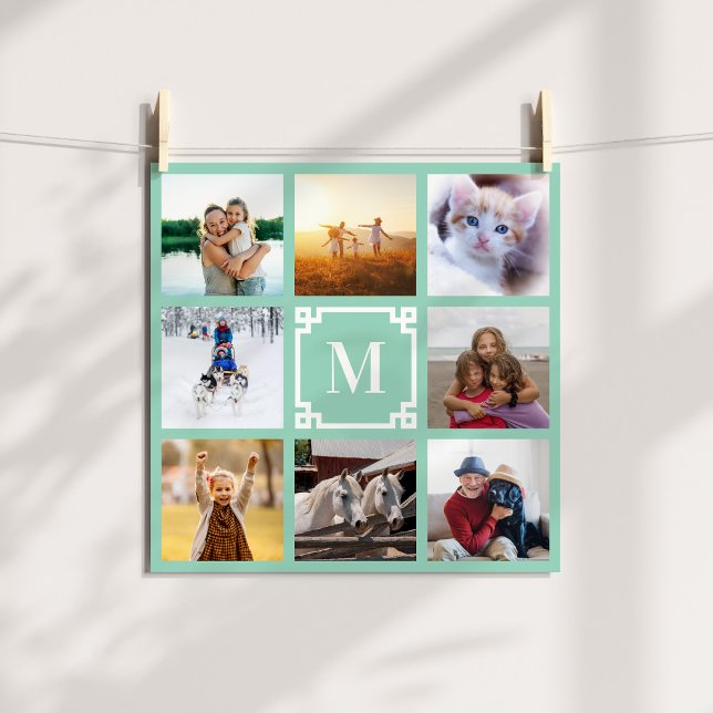 Póster Colagem de Fotografias Grego-Chave Minograma 8 Tea (Light Teal Greek Key Monogram 8 Photo Collage Poster)