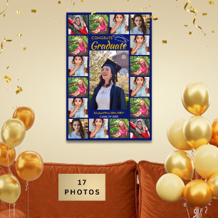 Poster Colagem de Fotos Azul e Dourado 17 Congrats Gradua