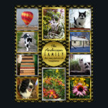 Póster Colagem de Fotos da Família | Personalização de De<br><div class="desc">Faça sua própria classe, na moda personalizada com 10 fotos/poster de nome de família com este modelo fácil. Esta única arte de parede tem um padrão de concha de couro cabeludo preto-e-ouro Roaring 200. Adicione 8 quadrados, Instagram - fotos de estilo e 2 retratos aos quadrados alternados de ouro e...</div>