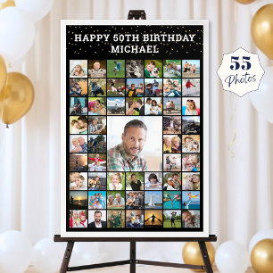 Poster Colagem de Fotos de Aniversário 55 Seu Texto e Cor