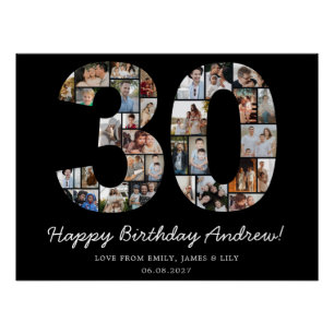 Póster Colagem de Fotos de Aniversário de 30 Anos Preta G