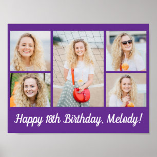 Poster Colagem de Fotos de Aniversário Feliz Roxo Bonito