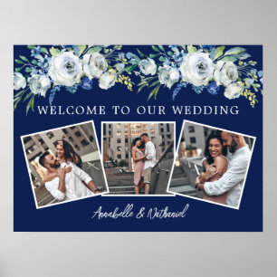 Poster Colagem de Fotos de Casamento Floral Branco Azul-m